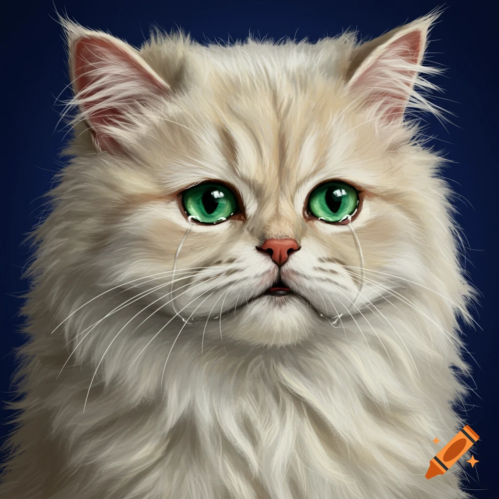 a fluffy white cat with green eyes crying