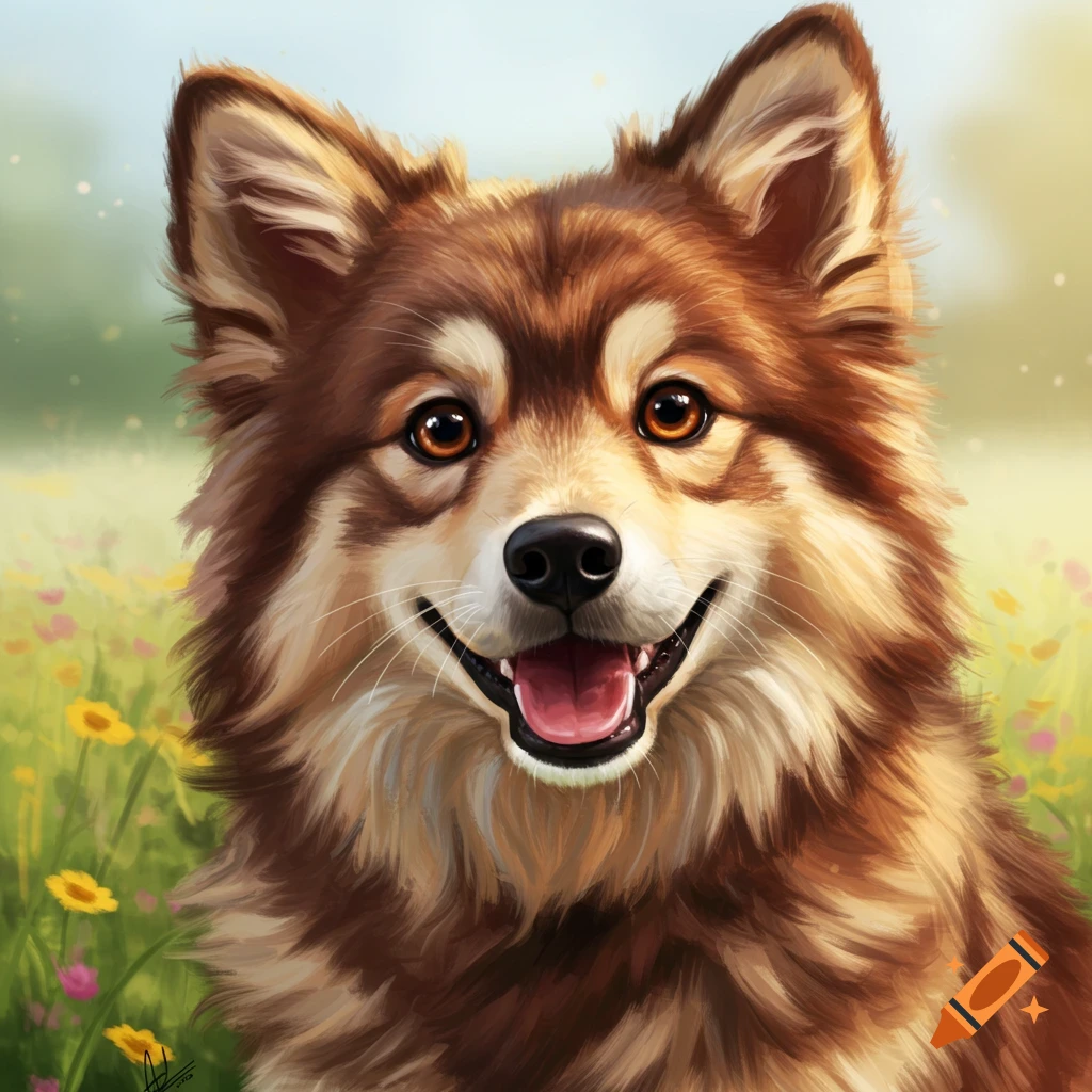 A close-up of a happy brown and tan fluffy dog in a field of flowers.