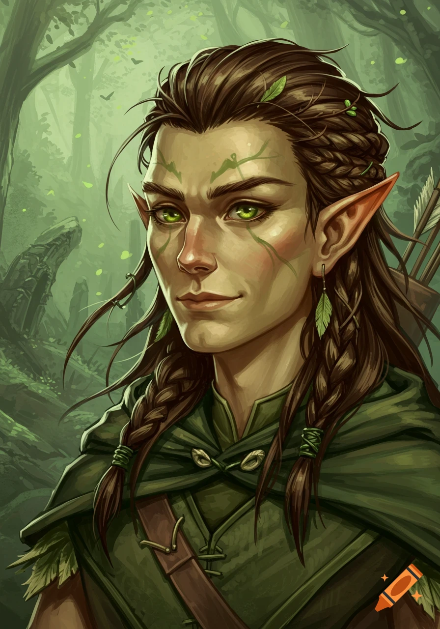 Painting of a wood elf ranger with braids and green eyes in a forest.
