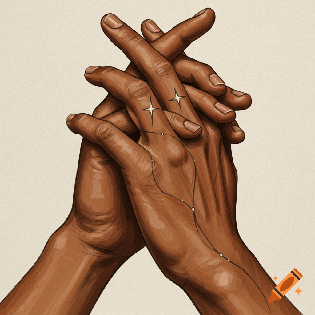 Illustration of two hands clasped, with a star and line tattoo across the fingers.