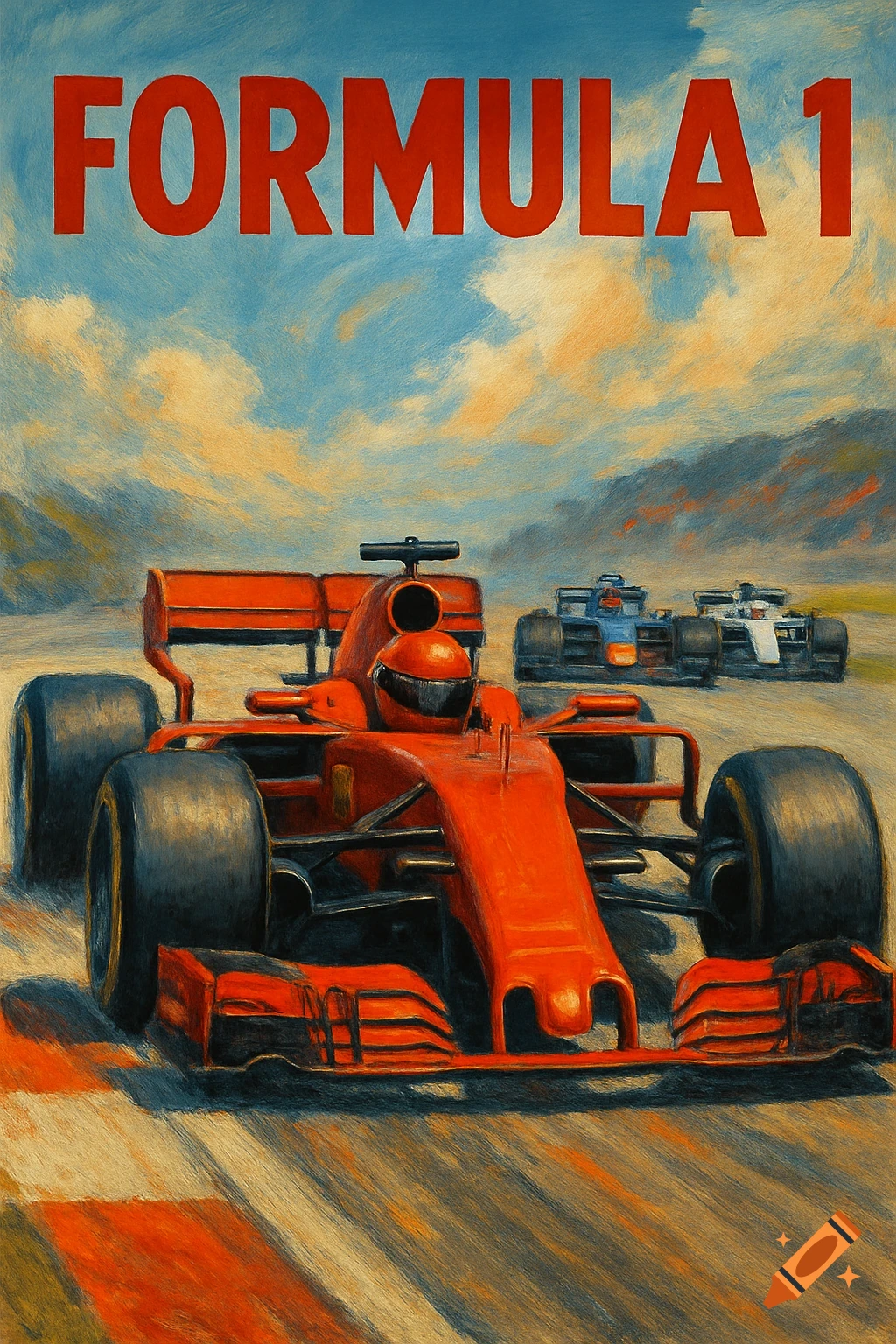 Red, blue, and white Formula 1 race cars on a track with the text "FORMULA 1" at the top.