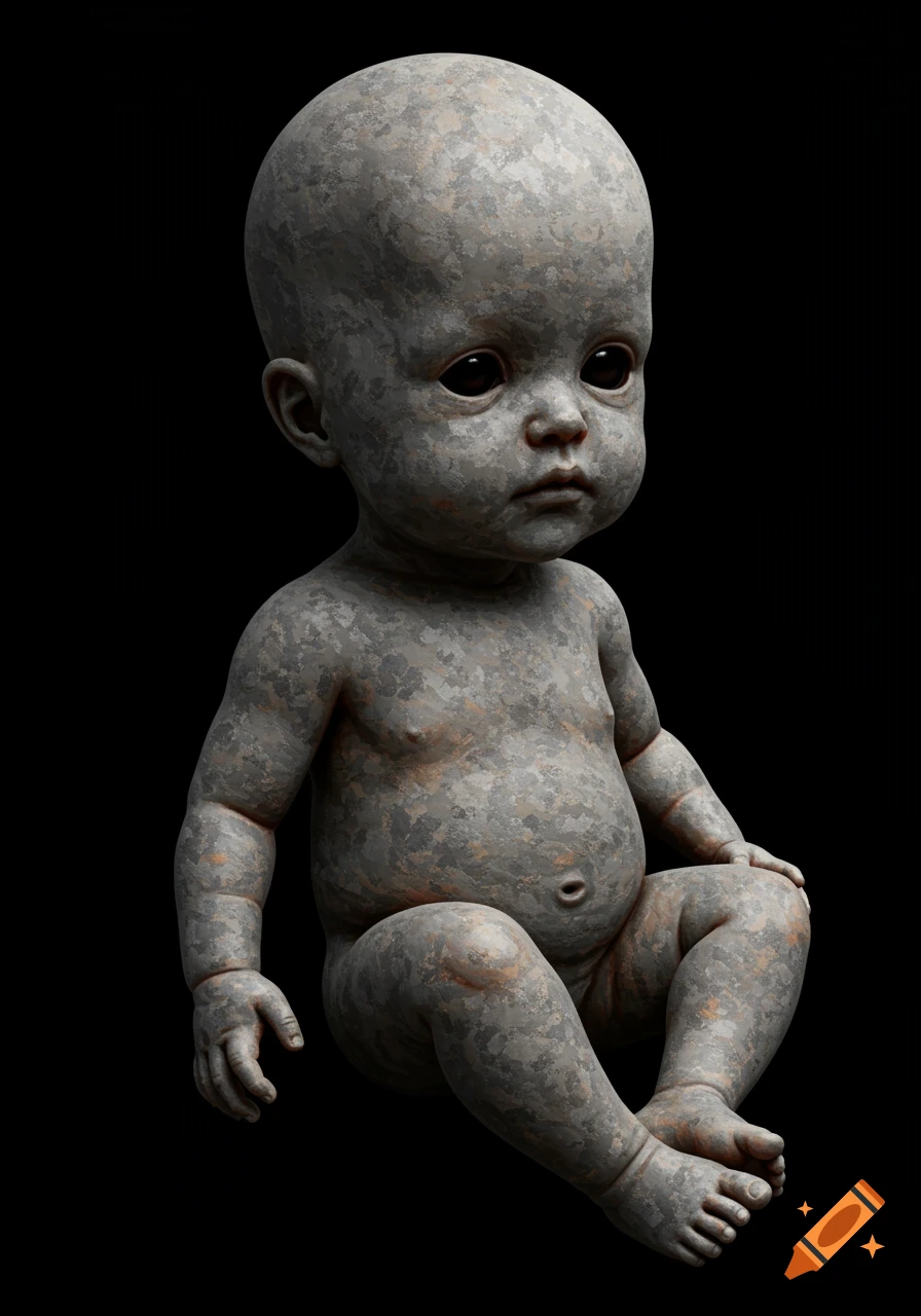 A seated figure resembling a baby made of ash
