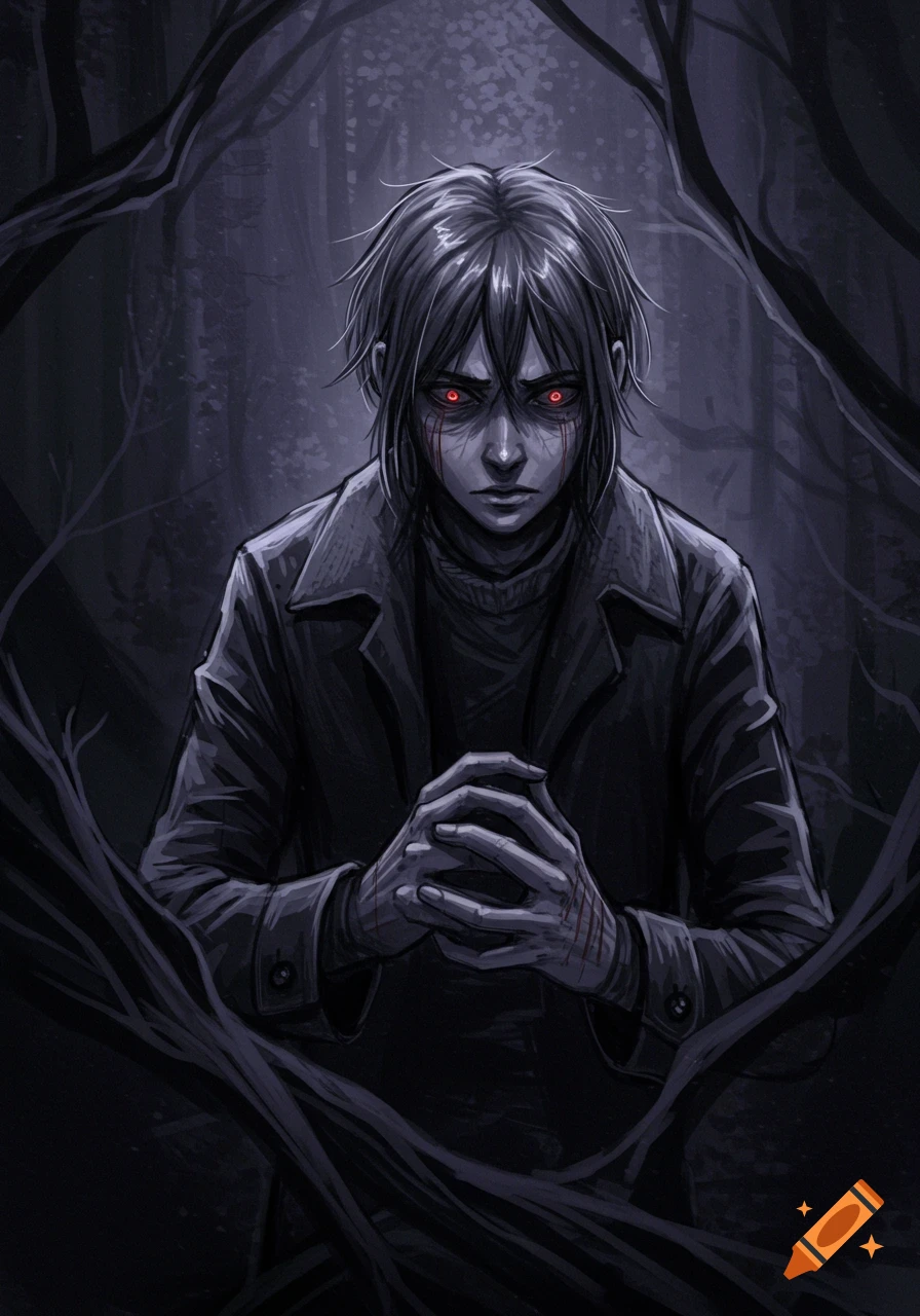 Drawing of a tense person with red eyes and scratches on face and hands in a dark forest setting.