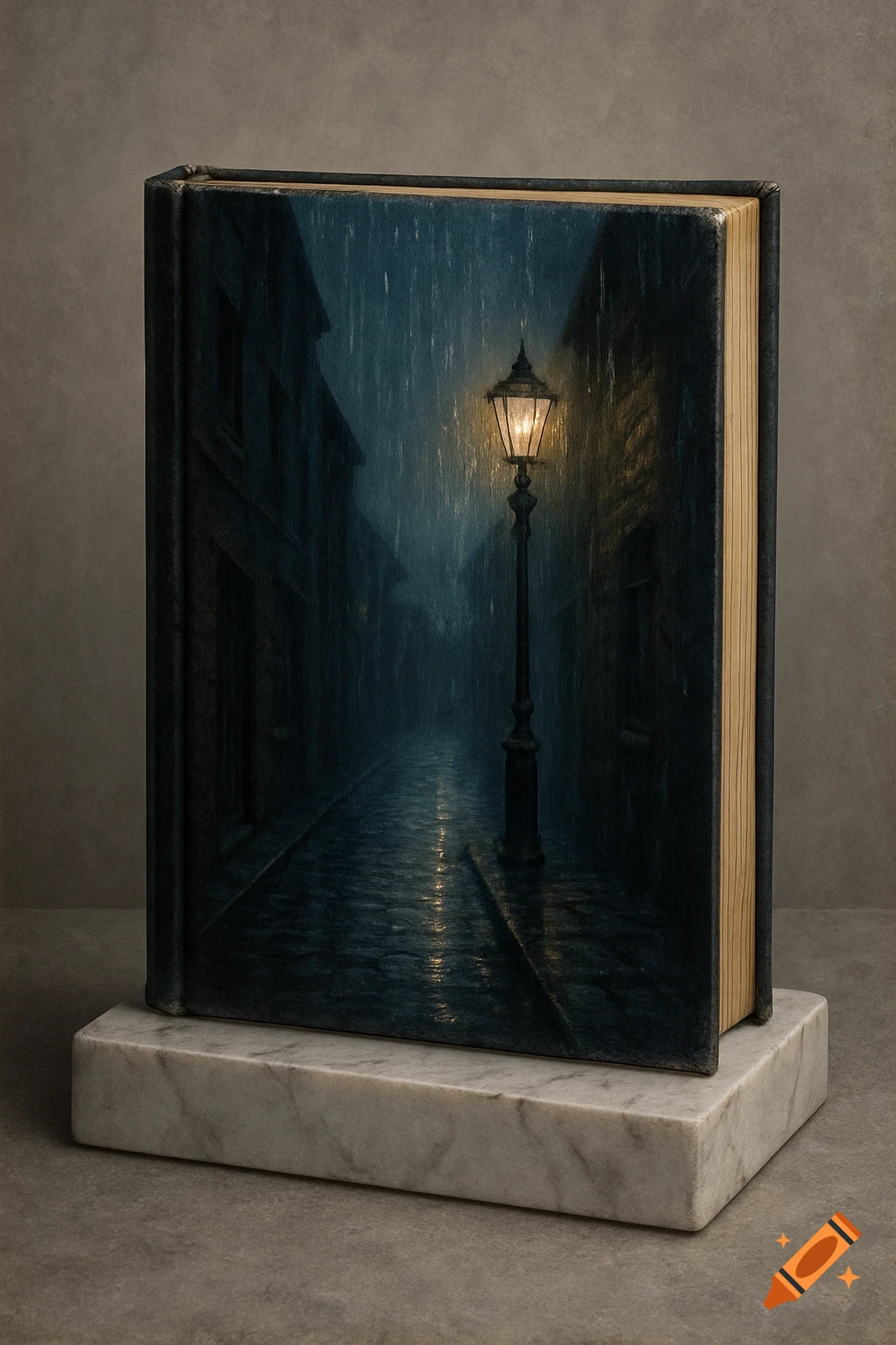A book with a rainy alleyway scene featuring a lit streetlamp on its cover sits on a marble stand.
