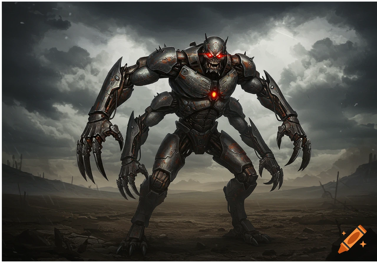 A fearsome four-armed metal robot monster with glowing red eyes stands in a desolate, cloudy landscape.