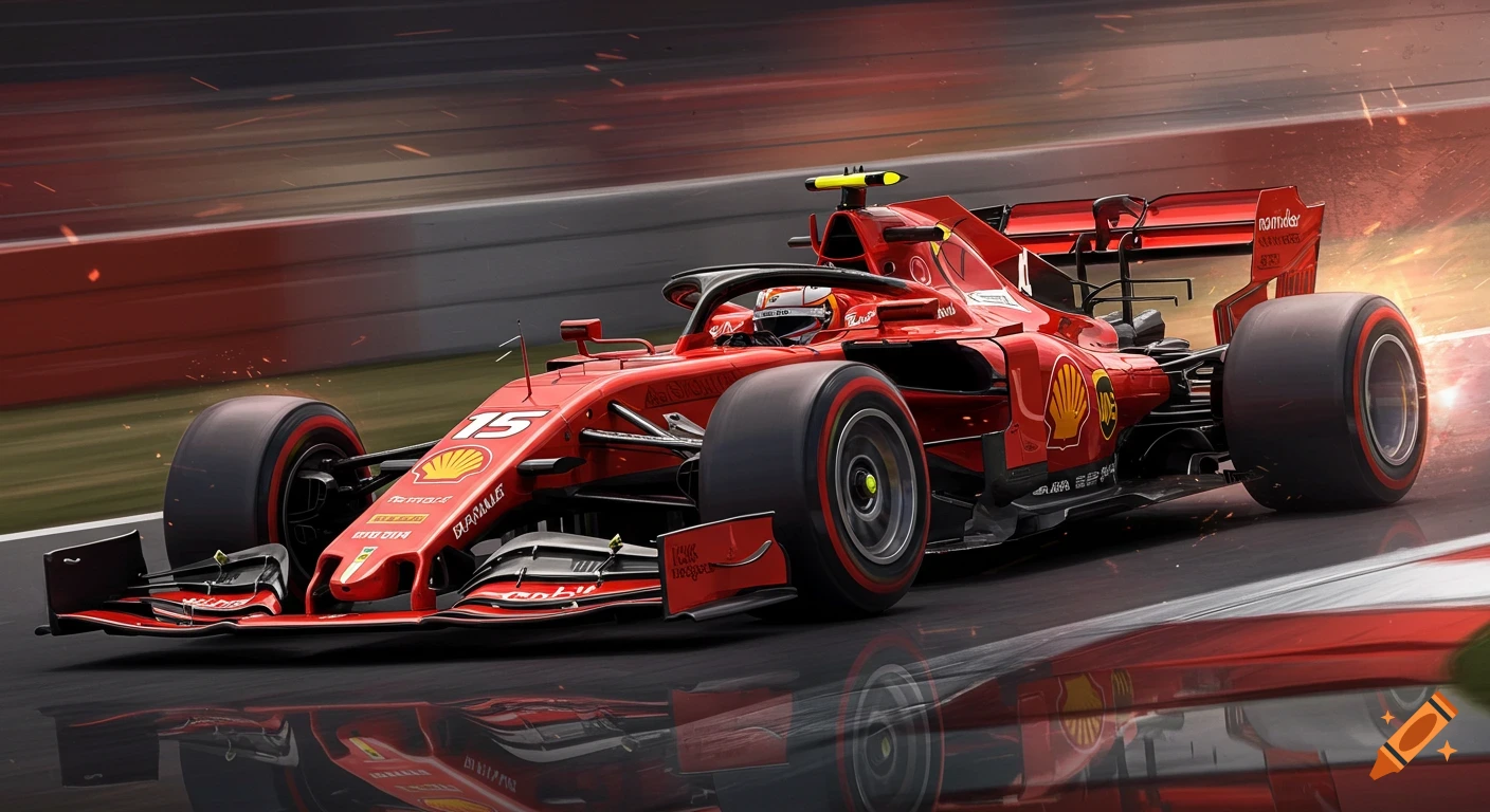 A red Ferrari Formula 1 race car speeds around a track with motion blur and sparks.