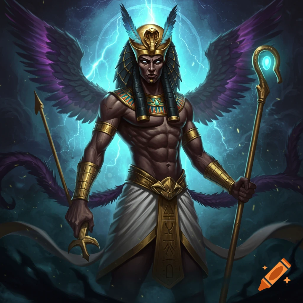 A winged man in Egyptian attire with glowing eyes, holding a spear and staff, with lightning.