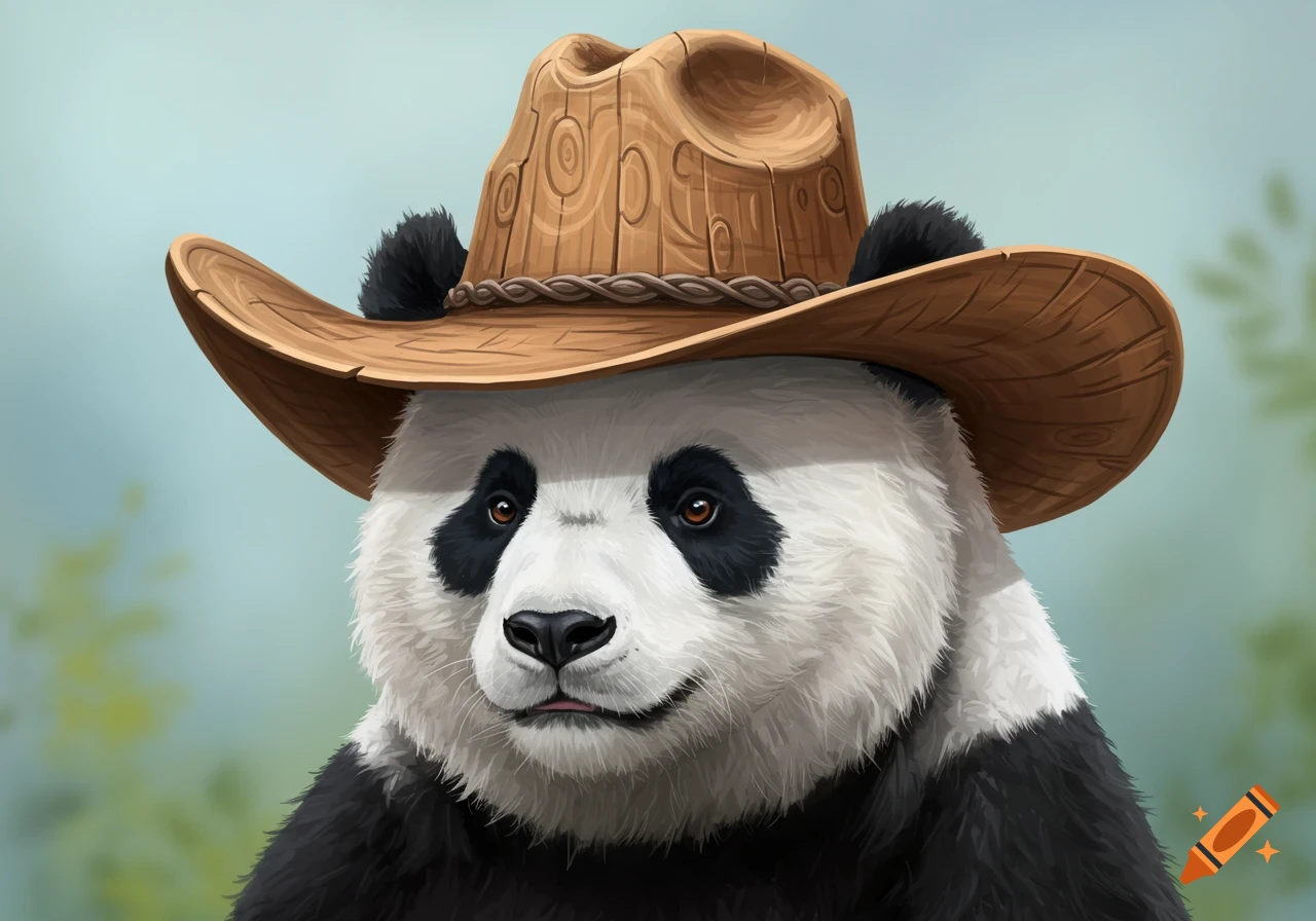 a panda wearing a wooden cowboy hat