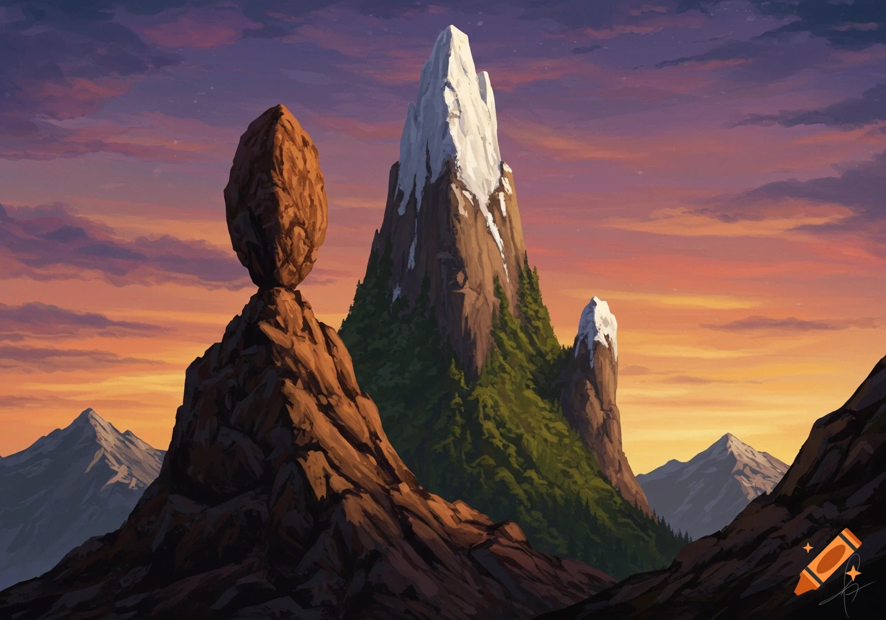 A landscape featuring majestic mountains, a precarious rock perched on a peak, all bathed in the warm glow of a vibrant sunset.