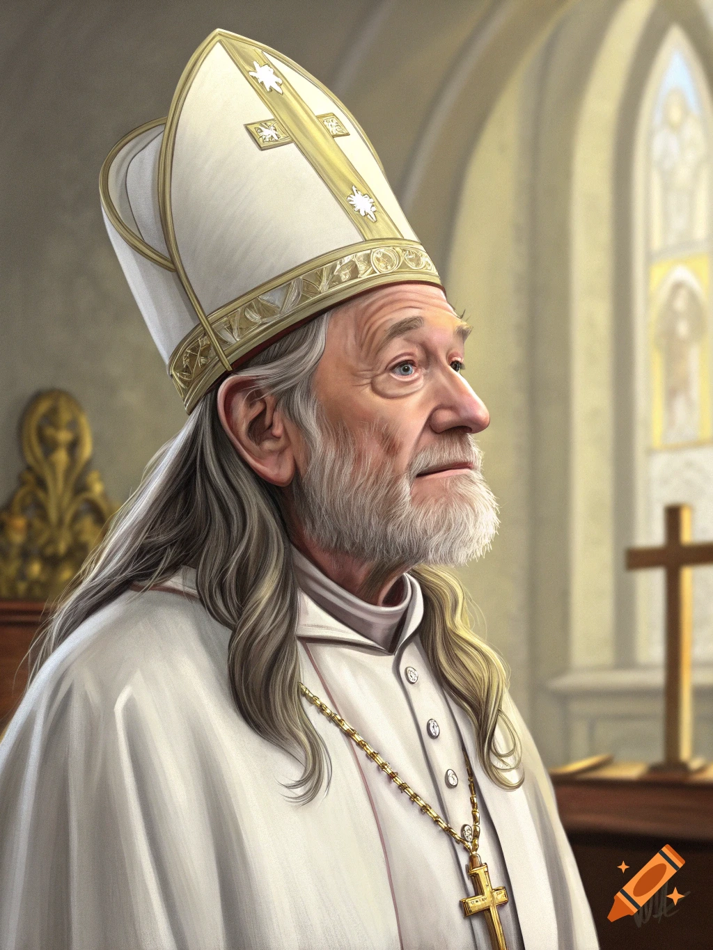 Picture of Willie Nelson as a religious figure wearing a mitre and robes in a church