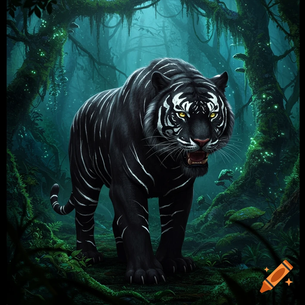 A black tiger with white stripes stands in a dark, atmospheric fantasy jungle.