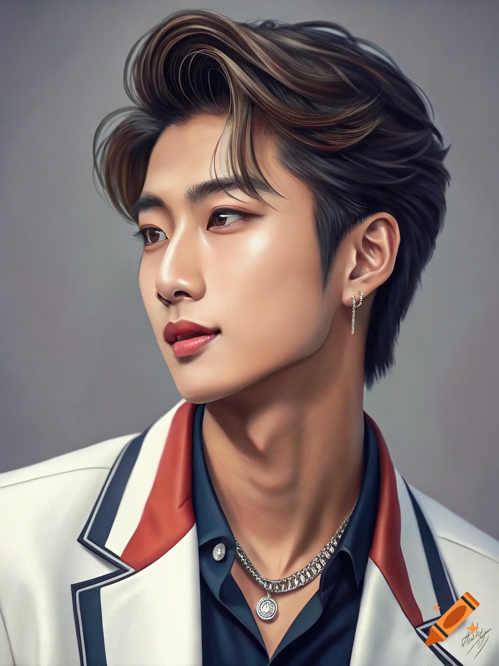 Portrait of a man with styled hair wearing a white jacket and necklace
