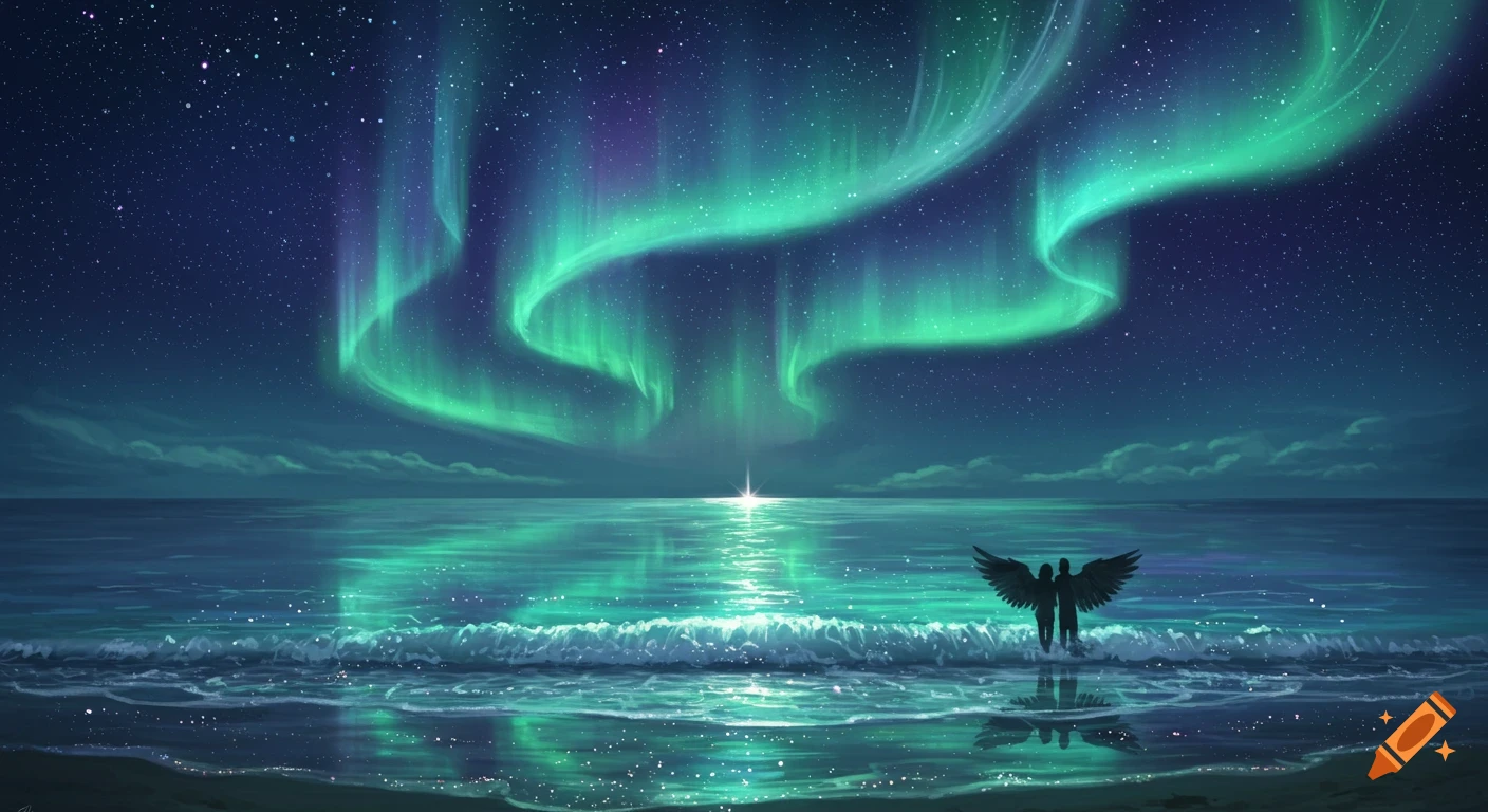 Green and purple aurora over a starry ocean with sparkling waves. Two winged figures stand on the shore.