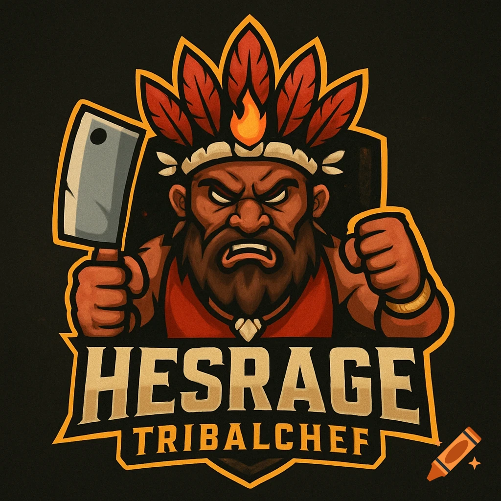 Stylized logo of an angry tribal character holding a cleaver with text HESRAGE TRIBALCHEF.