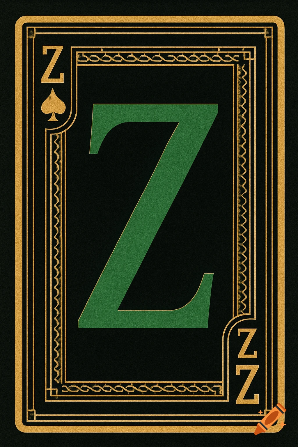Playing card design featuring a large green Z on black with gold decorative borders.