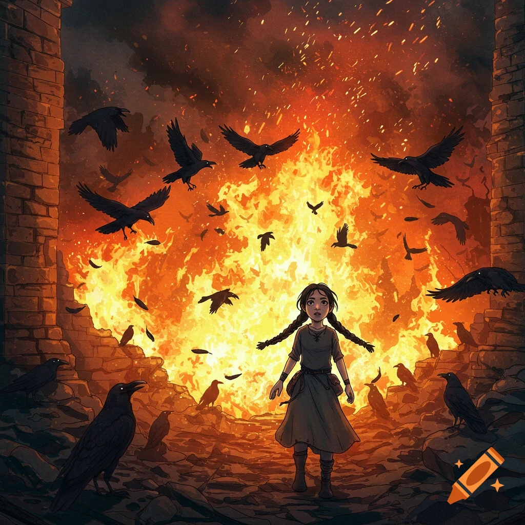A girl stands amidst ruins and crows before a huge fire in a dramatic painting.