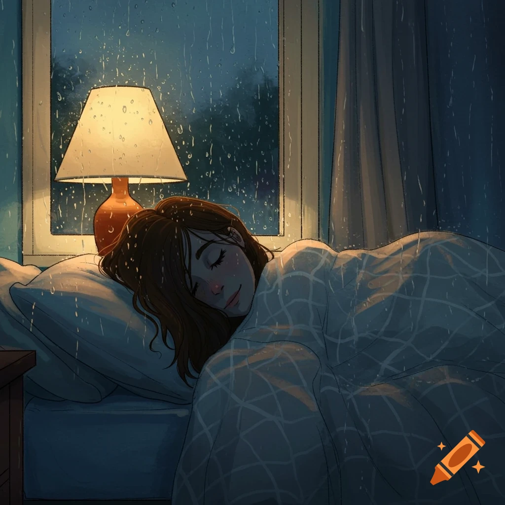 An illustration of a woman sleeping soundly in bed under a blanket, with rain falling heavily against the window in the background.