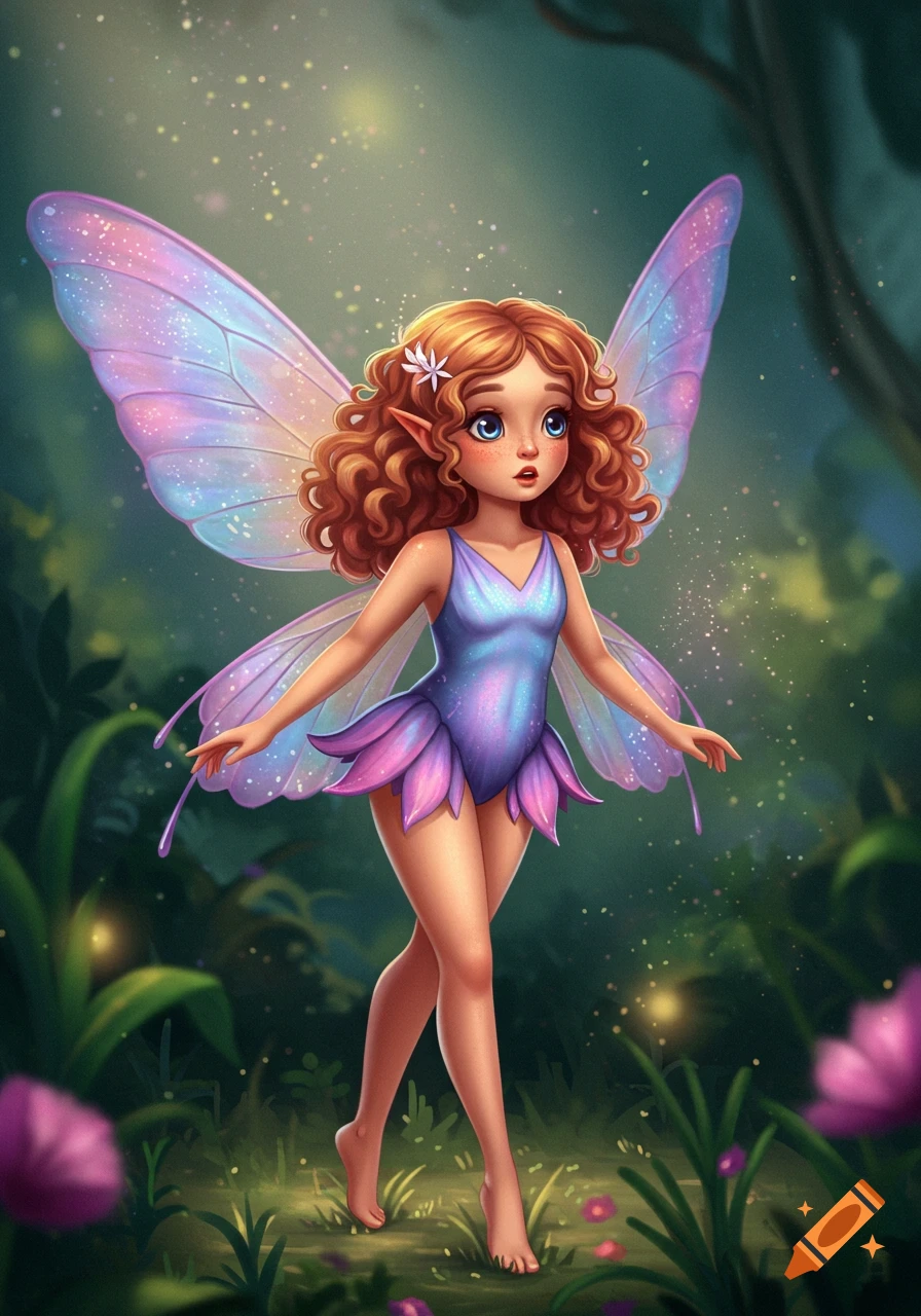 A digital painting of a cartoon fairy with shimmering wings and curly red hair standing in a magical forest.