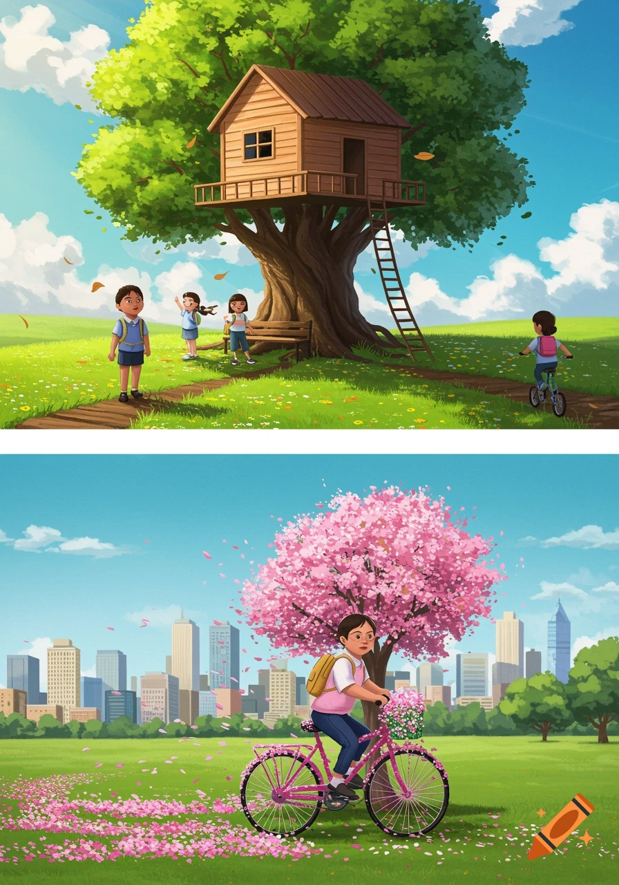 Illustration of children at a treehouse in a park and a child on a bike with falling cherry blossoms in front of a city.