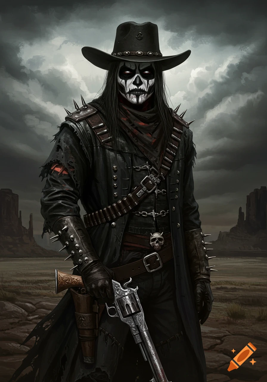 A character in a cowboy hat and black clothing with white and black skull-like face paint, holding a revolver in a desolate landscape under a stormy sky.