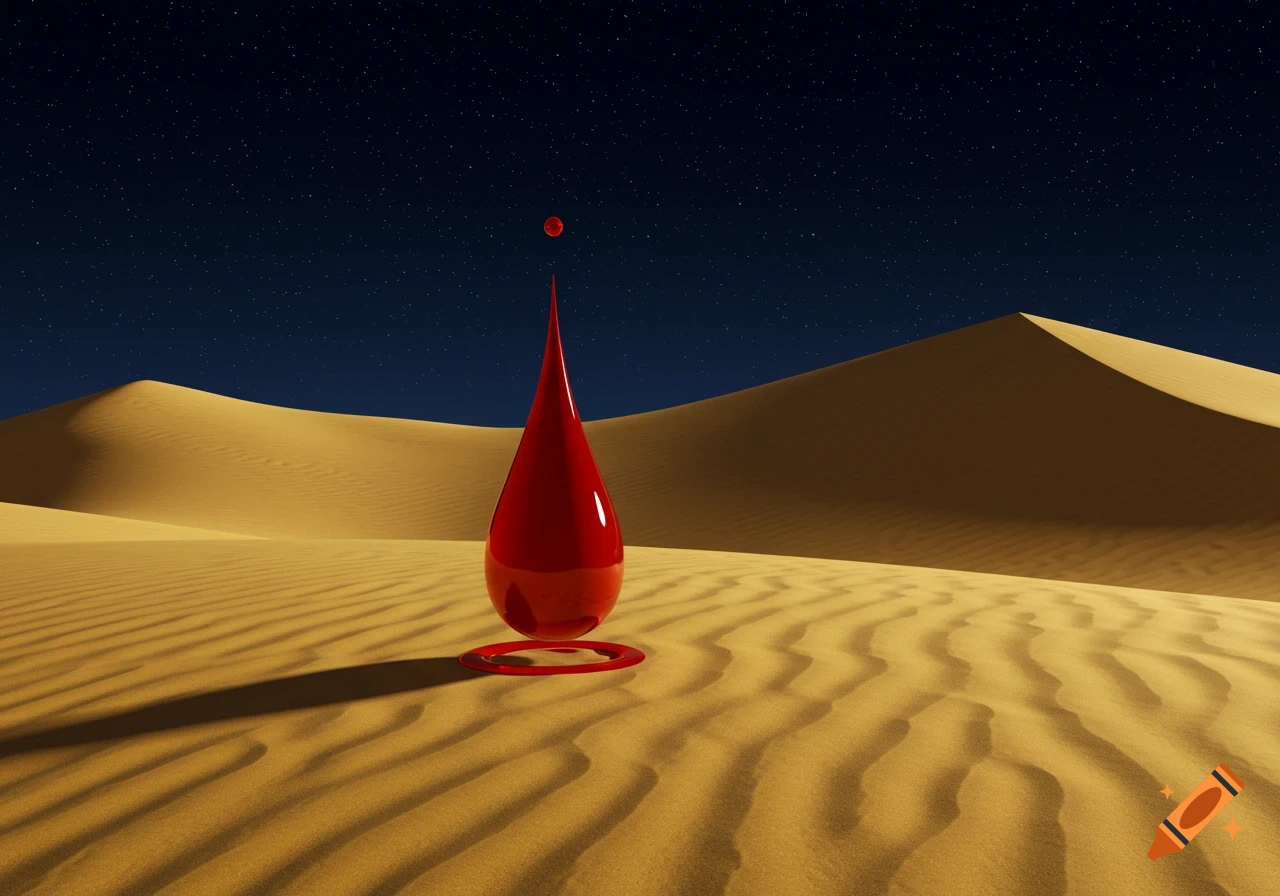 A stylized red drop and sphere stand on sand dunes under a starry night sky.