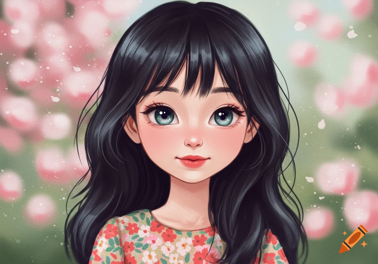 Close-up image of a young girl with dark hair and large eyes against a blurry pink floral background.