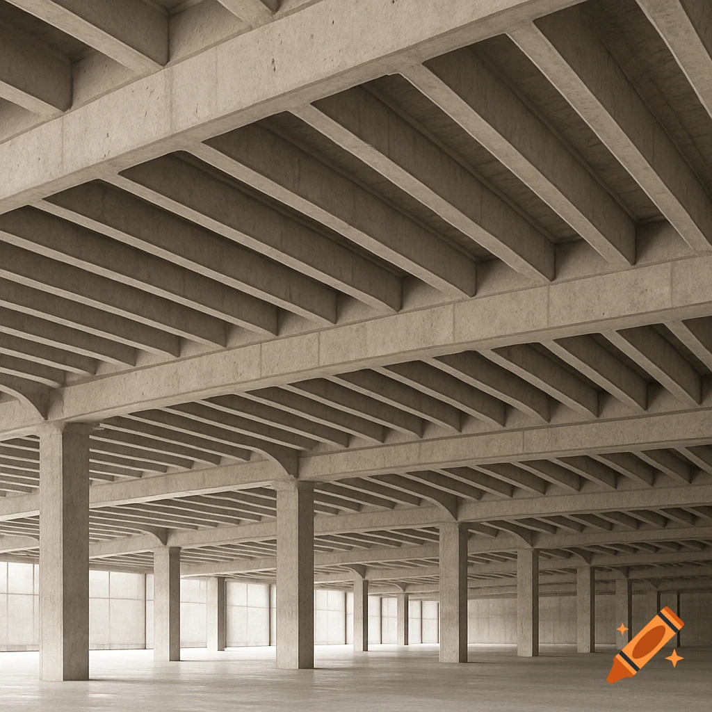 Interior view of a large empty concrete building with many columns and ribbed ceilings