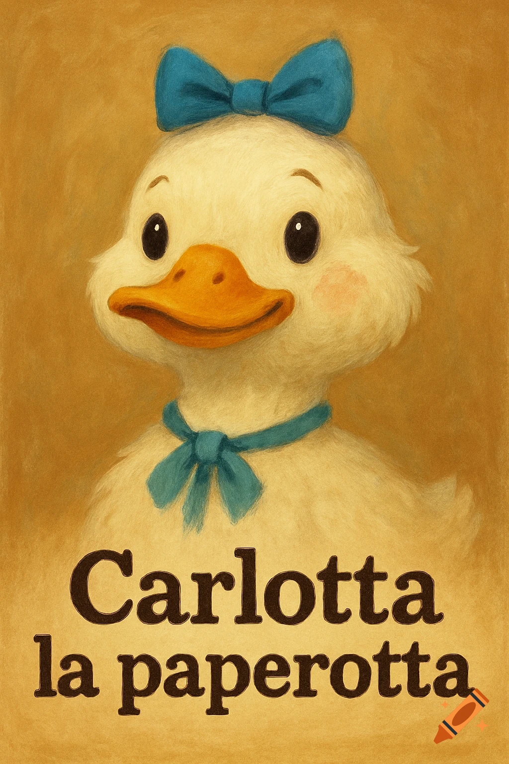 Cartoon of a cute duck wearing blue bows with the text 'Carlotta la paperotta'.