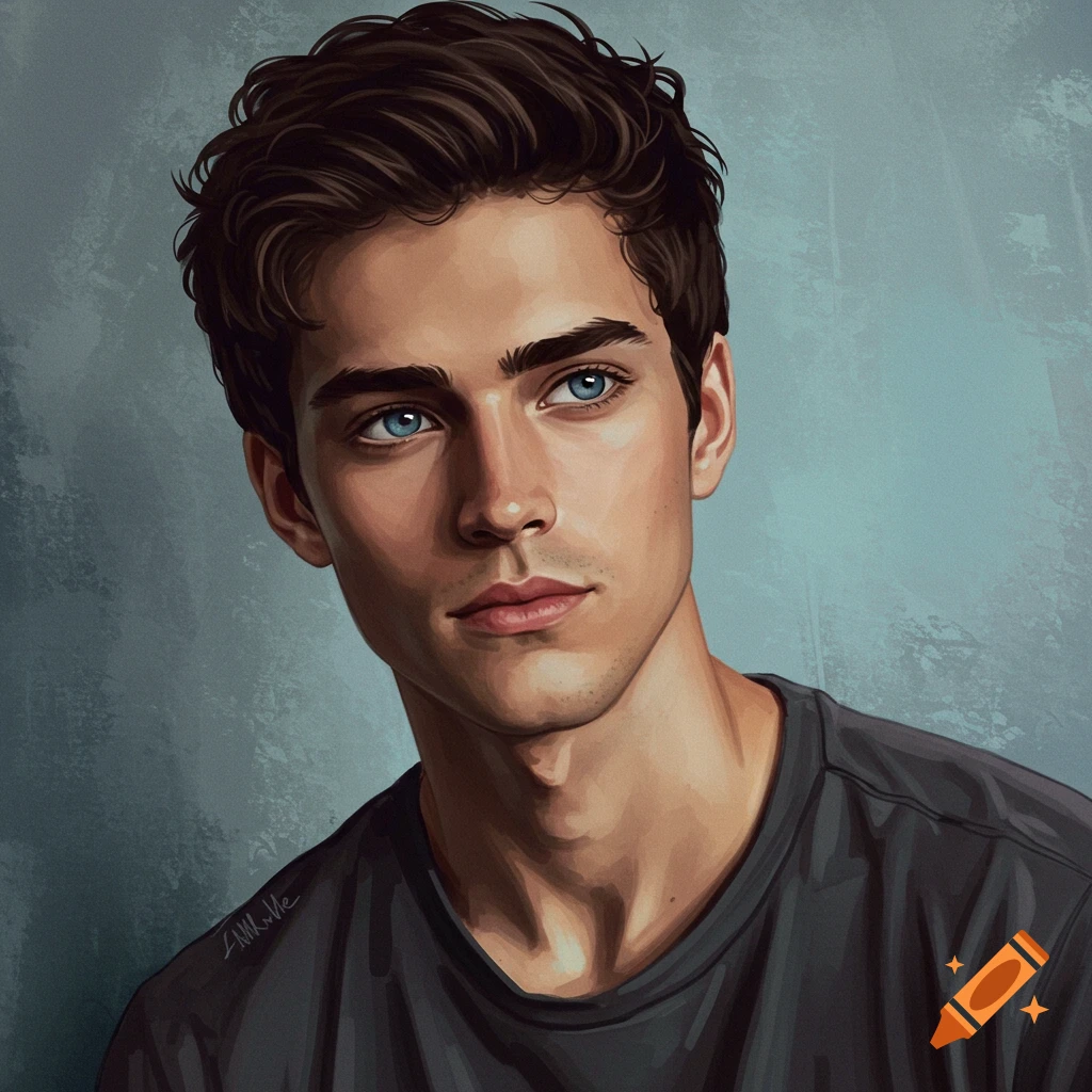 A digital painting portrait of a young man with blue eyes