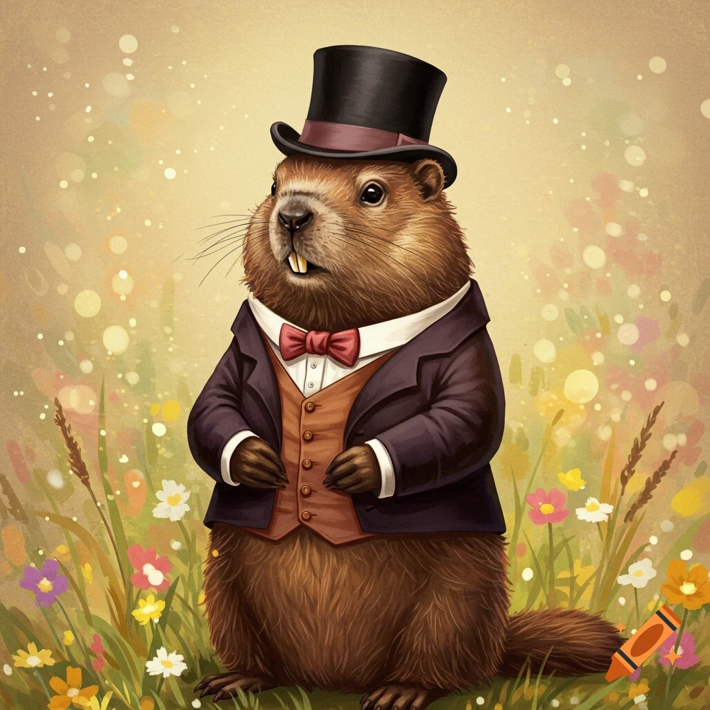 A groundhog wearing a top hat, suit, and bow tie, standing in a field of flowers.