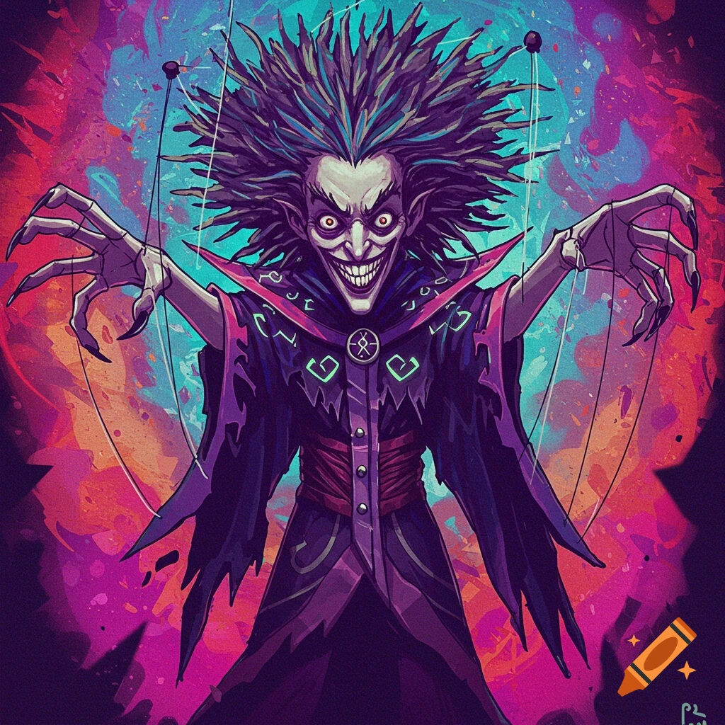 crazy puppet master villain with spiky hair, a wide grin, purple robe, and puppet strings against a vibrant, splattered background.