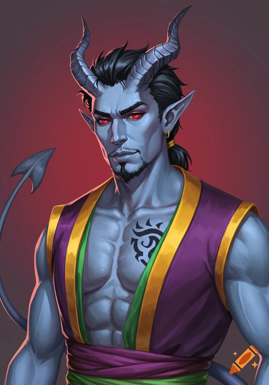 A blue-skinned tiefling with red eyes, horns, tail, chest tattoo, wearing purple, gold, and green robes.