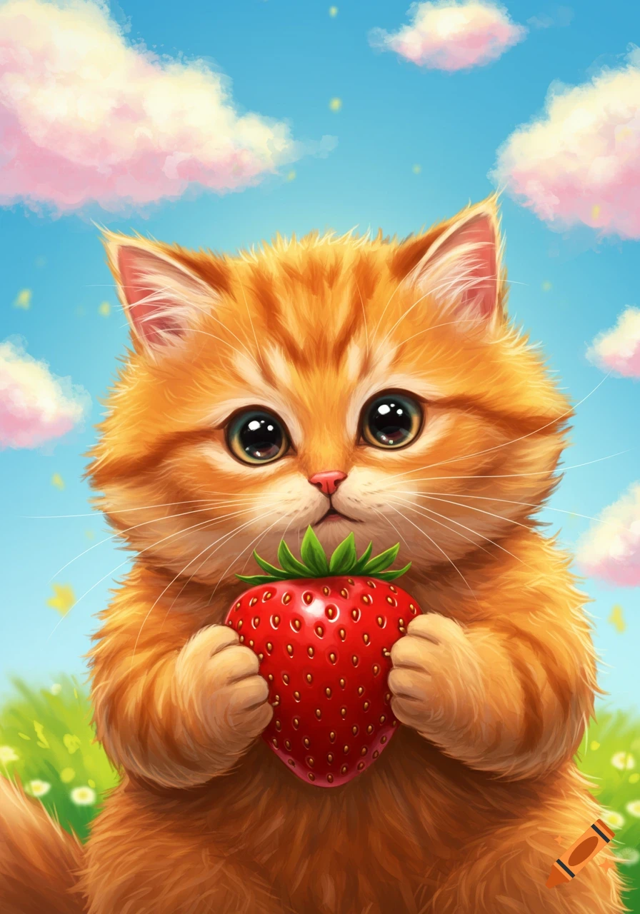 Cute orange tabby kitten holds a giant strawberry.
