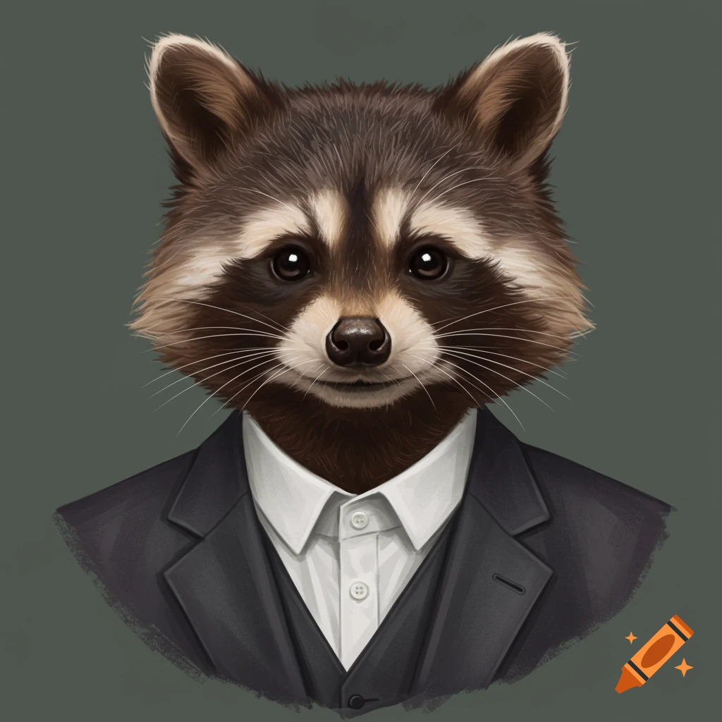 A raccoon wearing a dark suit and white shirt