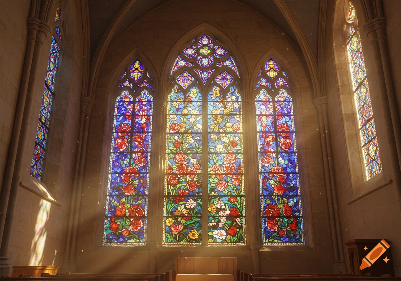 Interior view of a church with large, colorful stained glass windows and sunlight streaming through.