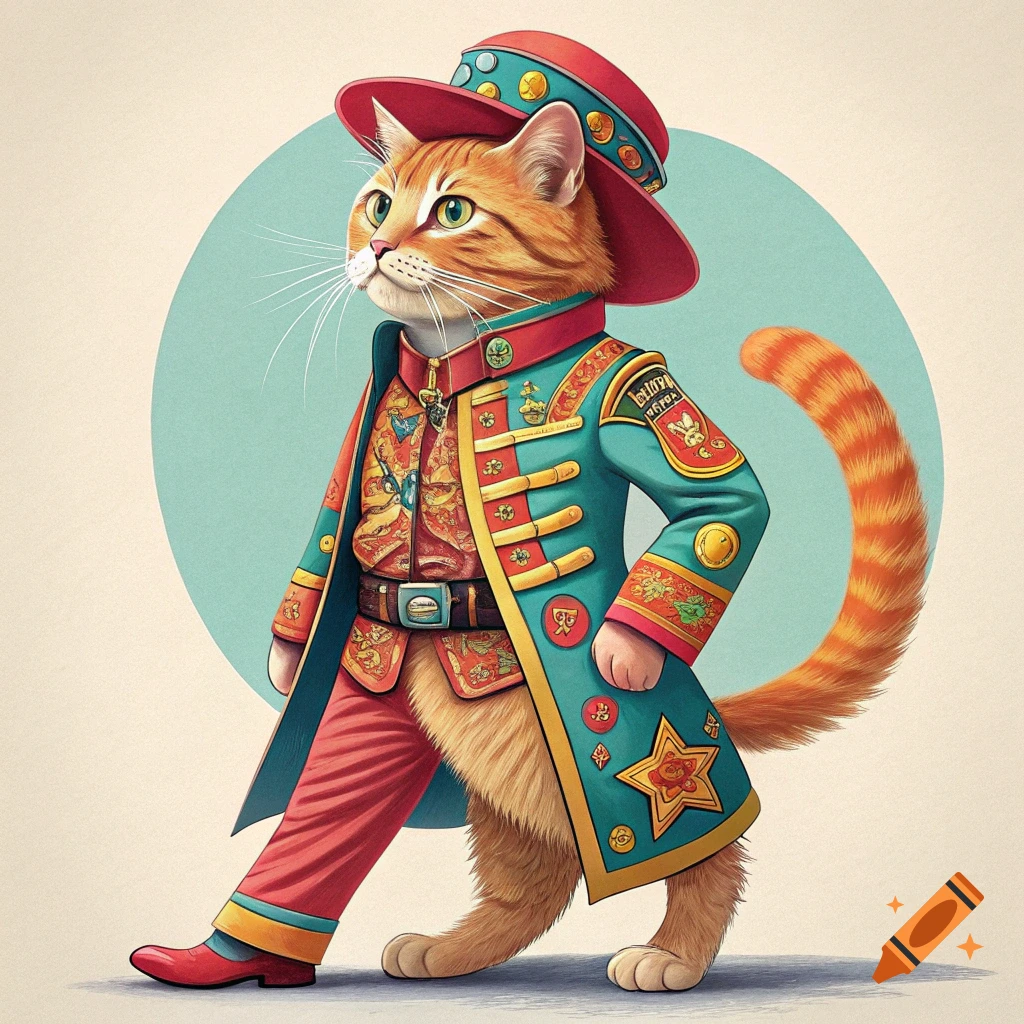 Illustration of an orange cat wearing an ornate military-style uniform and red hat