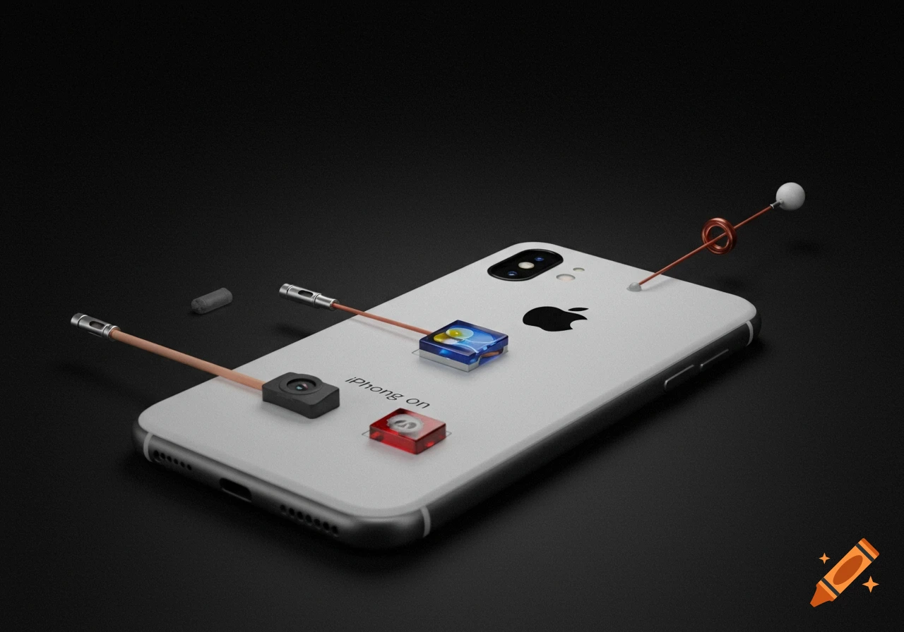 Stylized rendering of a white iPhone with abstract components attached.