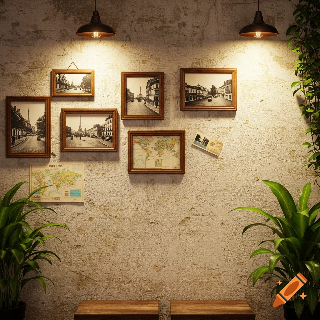 A cafe wall adorned with framed pictures and maps.