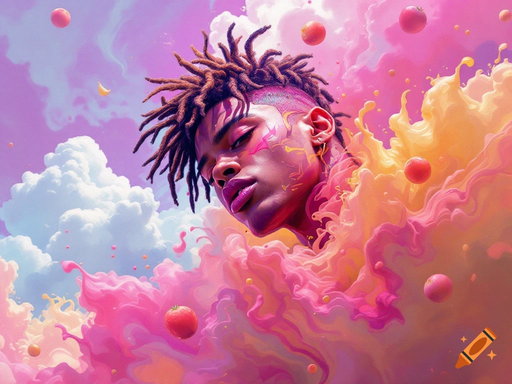 A person with dreadlocks is surrounded by colorful clouds, liquid, and flying fruit.