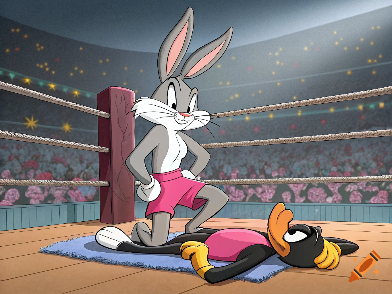 Bugs Bunny stands over a defeated Daffy Duck in a boxing ring, cartoon style.