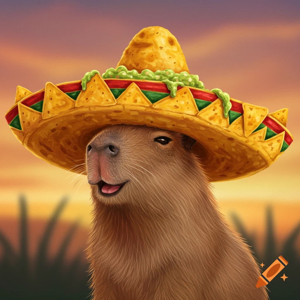 A capybara wears a sombrero made of nachos and guacamole at sunset.