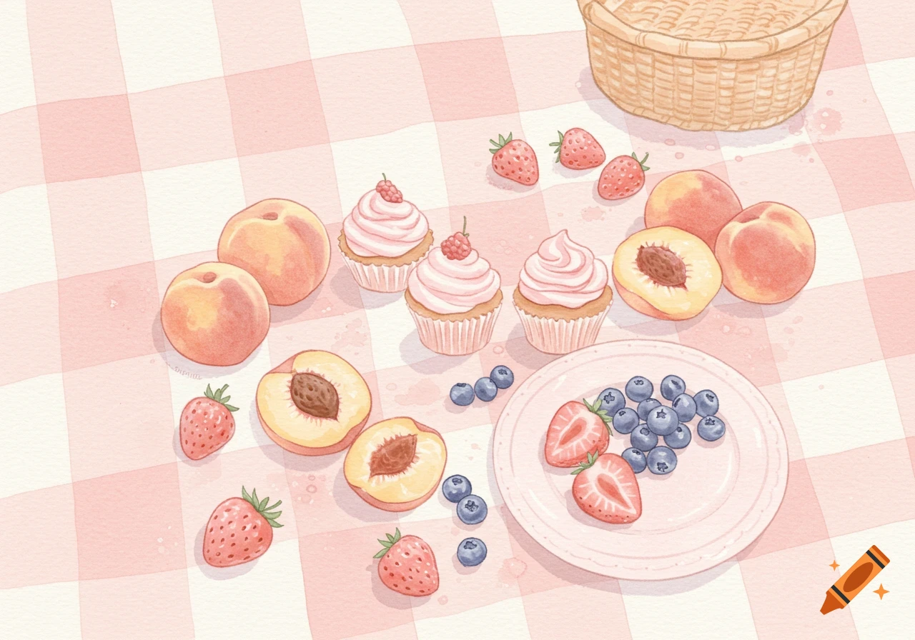 Watercolor illustration of a picnic with cupcakes, peaches, strawberries, and blueberries on a checkered blanket.