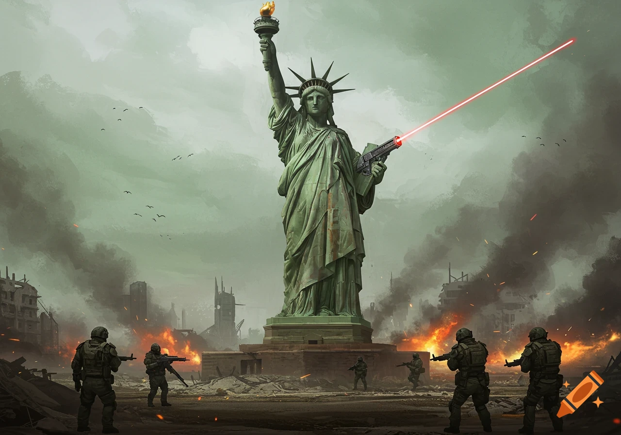 Illustration of the Statue of Liberty holding a laser gun in a destroyed city during a war with soldiers.