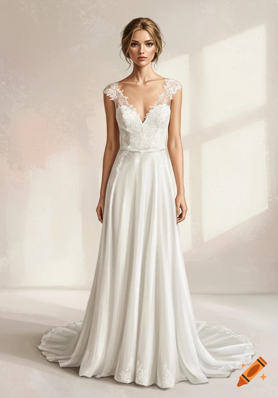 A woman wearing a white lace wedding dress.