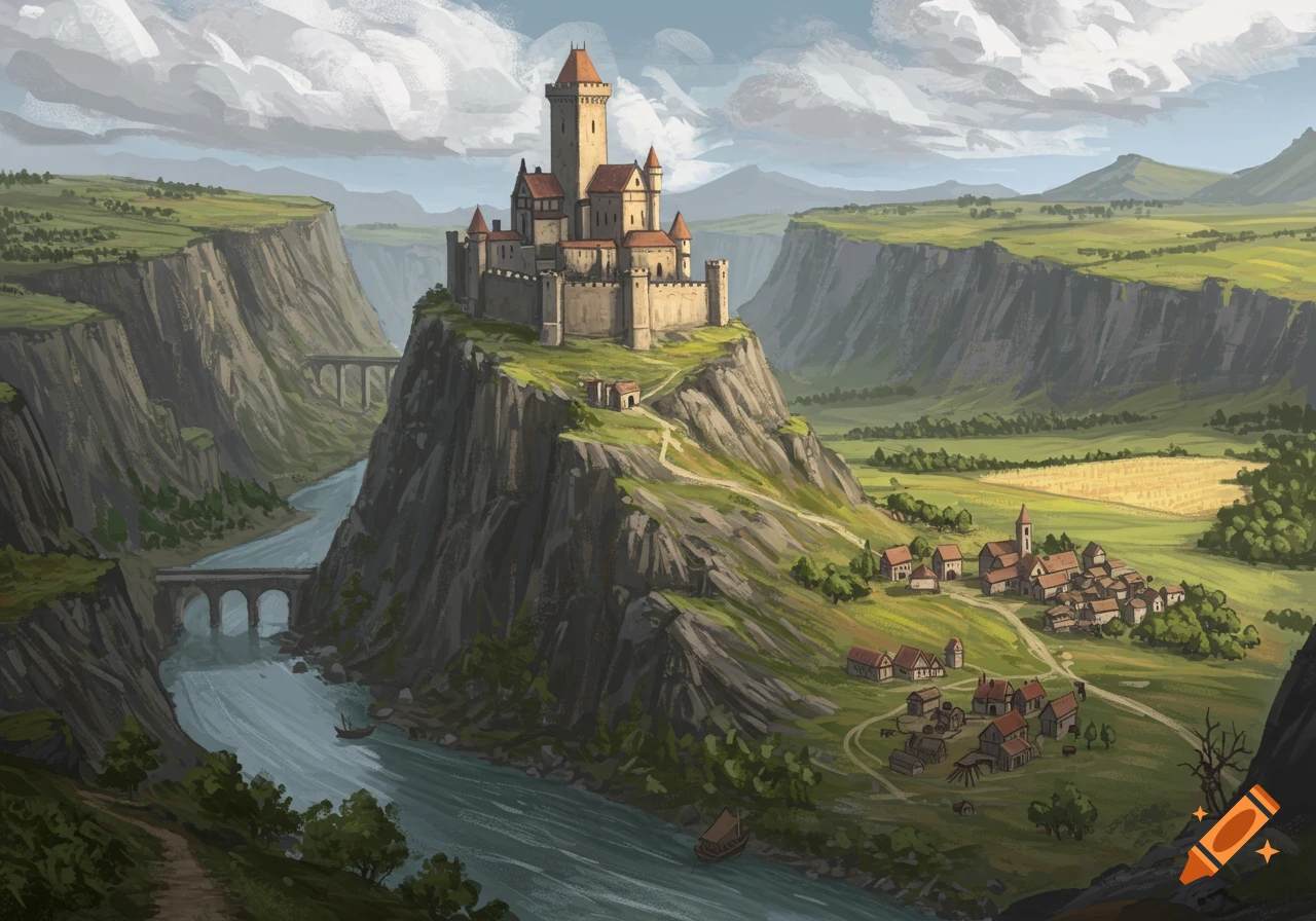 A castle on a rocky cliff overlooking a river and a village in a valley.
