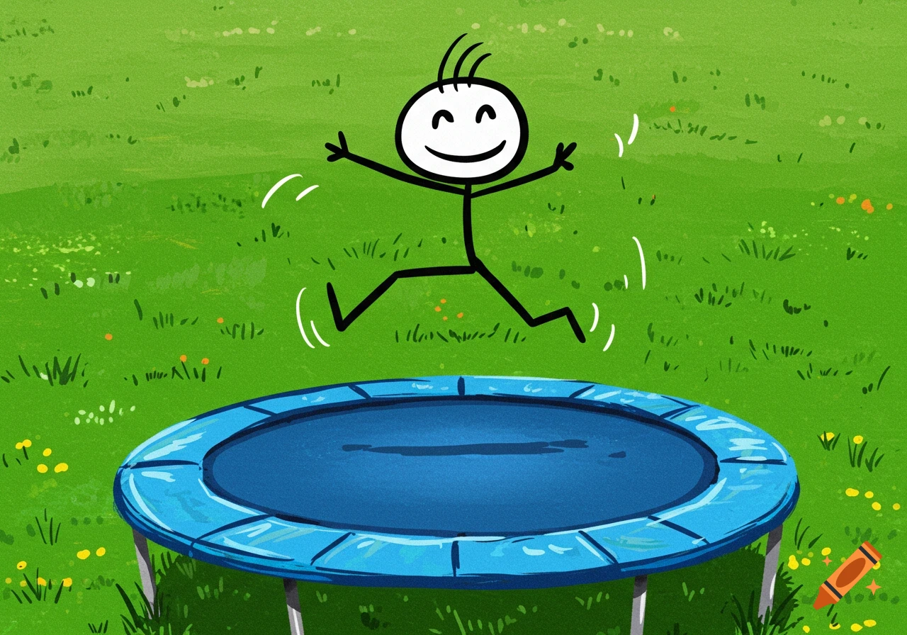 A simple stick figure drawing of someone jumping on a blue trampoline in a grassy yard.