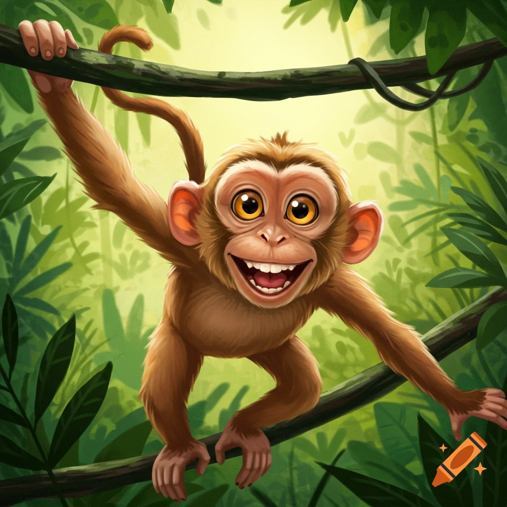 Cartoon monkey smiling while hanging from a vine in a jungle