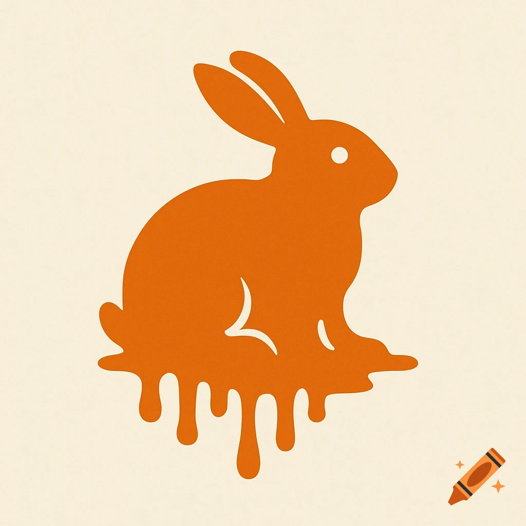 Flat orange silhouette of a melting rabbit dripping downwards