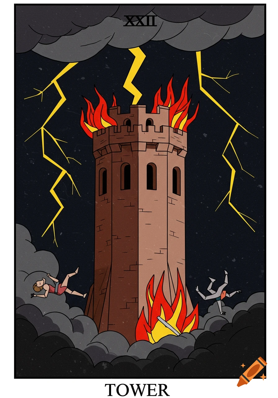 A stylized Tarot card depicting a burning tower struck by lightning with figures falling.