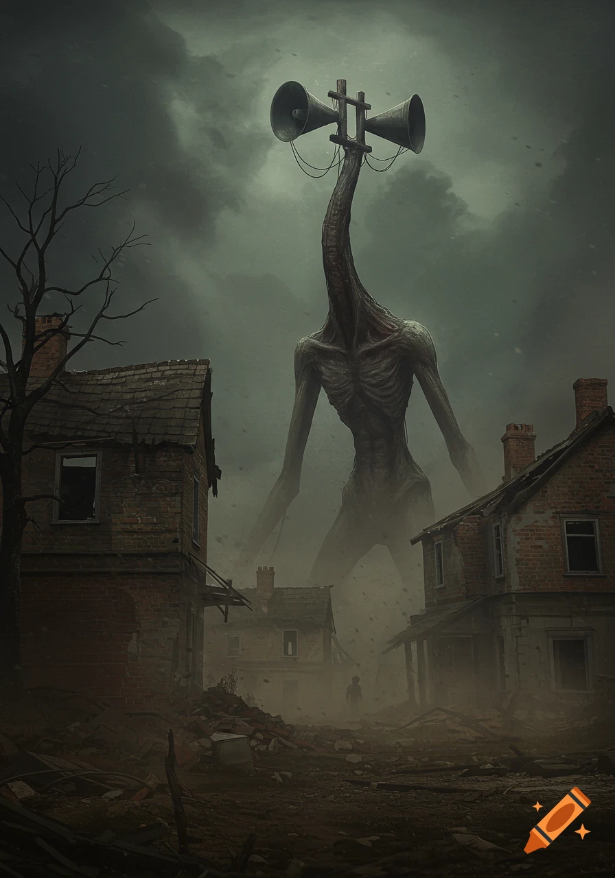 Large siren head monster stands among ruined buildings under a dark sky.